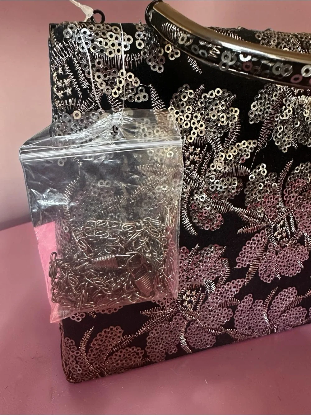 Sequin Floral Box Clutch with Top Handle - Black Silver